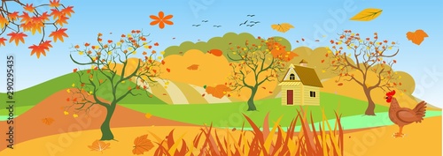 Panoramic of Countryside landscape in autumn,  illustration of horizontal banner in autumn green and yellow hills, farm house,  leaves falling from trees.