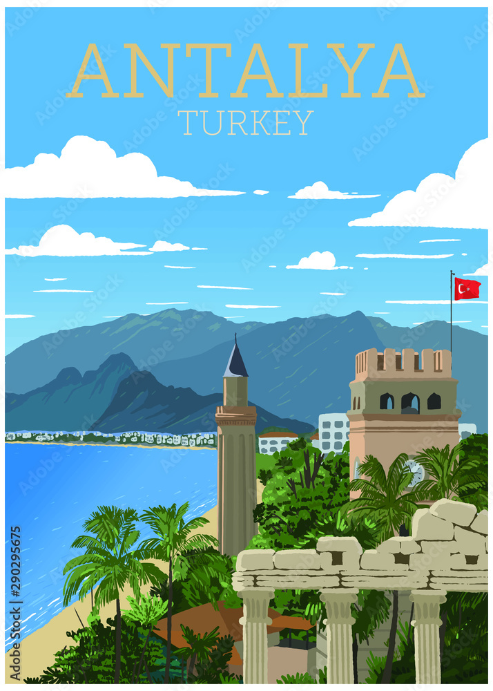 Fototapeta premium Słynny punkt orientacyjny Antalyi, minaret Yivli. Ilustracji wektorowych. Antalya, Turcja. - ilustracji wektorowych