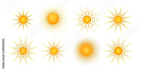 Round radial halftone dot of the sun shape Sunny pattern of orange dots spots rays on a white background Set Logo design element halftone textures frame Abstract orange dot spot of the sun rays Vector