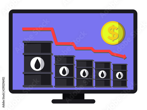 Record decline in oil prices - conceptual vector. Schedule of financial collapse. Flat composition includes oil barrels, arrow and coin. Layered template for banners, web and posters.