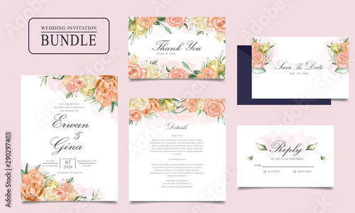 Wedding invitation card bundle with watercolor floral and leaves template