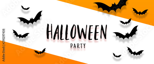 Happy halloween banner with bats flying over orange background. Autumn holiday composition.