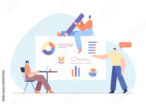 People interacting with charts and analysing statistics. Customer tracking software, data visualisation. Online survey concept with modern characters and web interface. Flat vector illustration.