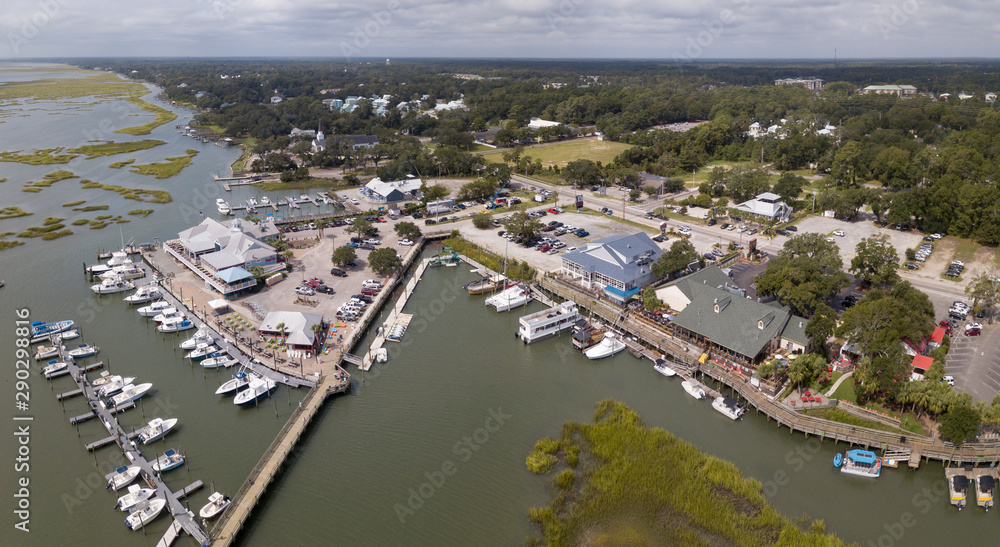 Aerial view of the waterfront with restaurants and marina in Murrells Inlet, South Carolina. - obrazy, fototapety, plakaty 
