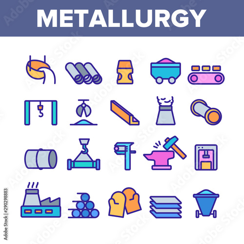 Metallurgy Collection Elements Vector Icons Set Thin Line. Steel And Metal Tube Metallurgy Production Concept Linear Pictograms. Metallurgical Industry Color Contour Illustrations