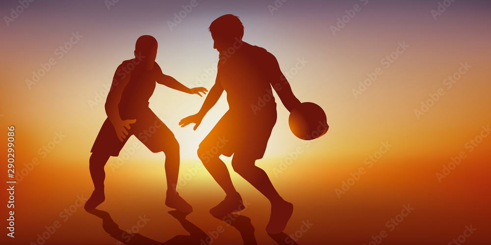 Φωτογραφία Concept du match de basket avec deux adversaires dans une action de jeu, l’un attaque et l’autre défend pour l’empêcher d’aller marquer un panier
