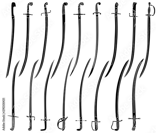 Set of simple monochrome images of saber swords.
