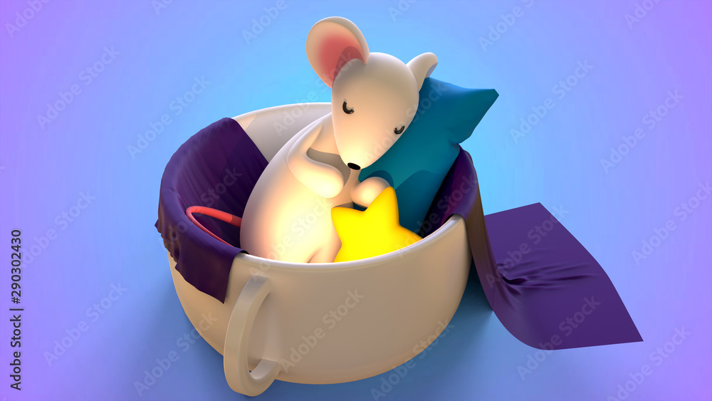 Cute little sleeping mouse in white mug with star on blue background Cute little sleeping mouse in white mug with star on blue background