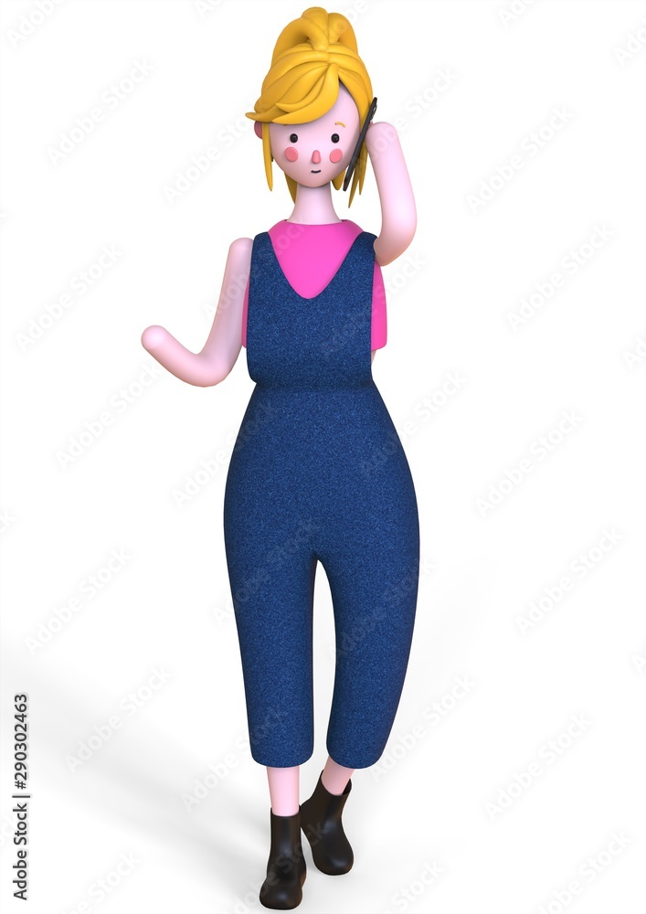 Young beautiful blonde girl in jeans jumpsuit with a phone on white background Young beautiful blonde girl in jeans jumpsuit with a phone on white background