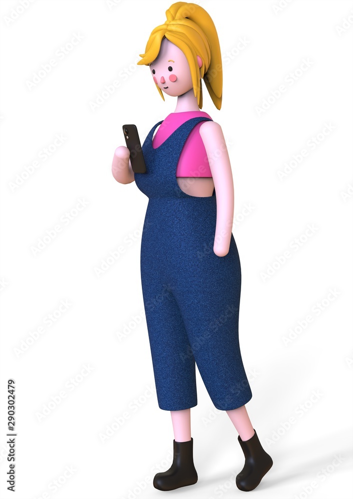 Young beautiful blonde girl in jeans jumpsuit with a phone on white background Young beautiful blonde girl in jeans jumpsuit with a phone on white background