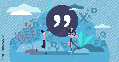 Quote vector illustration. Tiny punctuation quotation mark persons concept.