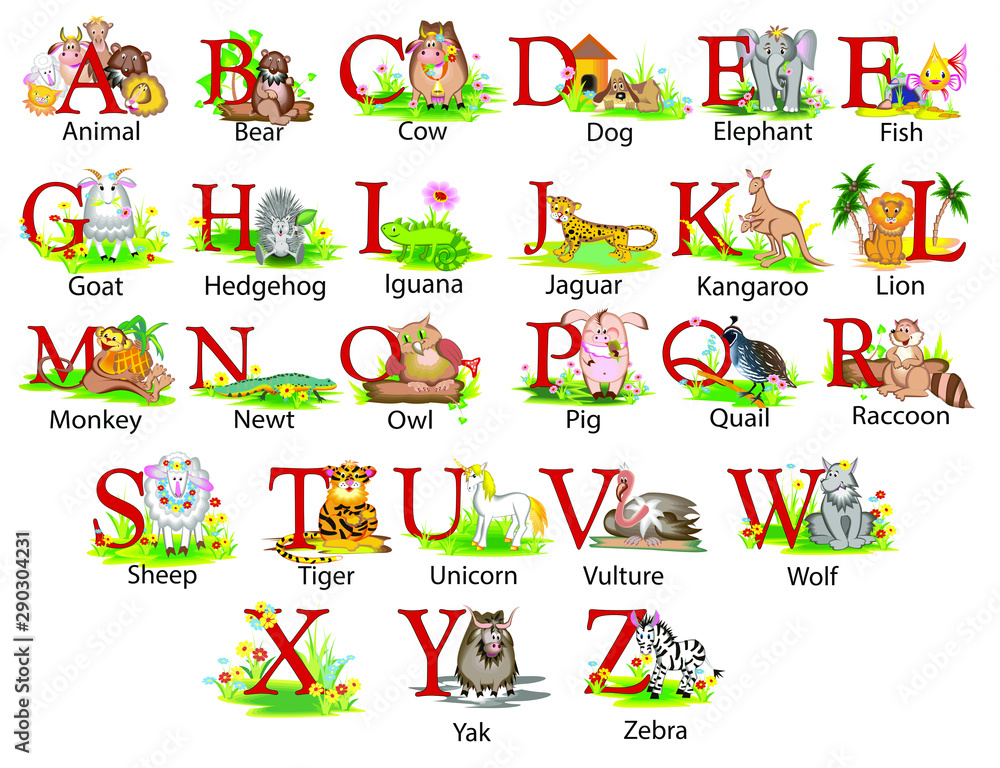 Illustration of a childrens cartoon english alphabet with animals on each letter