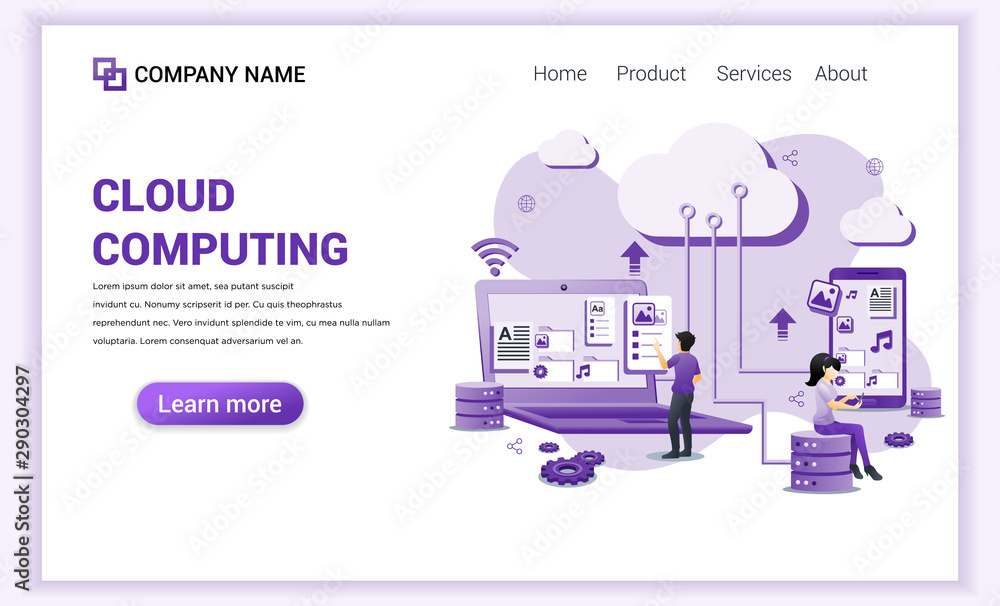 Plakat Modern flat design concept of Cloud Computing, digital storage, data center and digital network with characters. Can use for banner, landing page, web design template. Flat vector illustration
