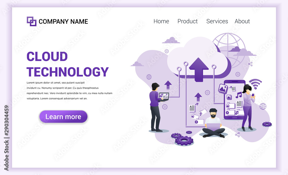 Modern flat design concept of Cloud technology, digital storage, data center with characters. Can use for banner, mobile app, landing page, web design template. Flat vector illustration