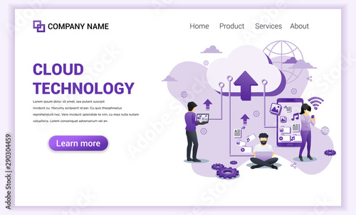 Modern flat design concept of Cloud technology, digital storage, data center with characters. Can use for banner, mobile app, landing page, web design template. Flat vector illustration