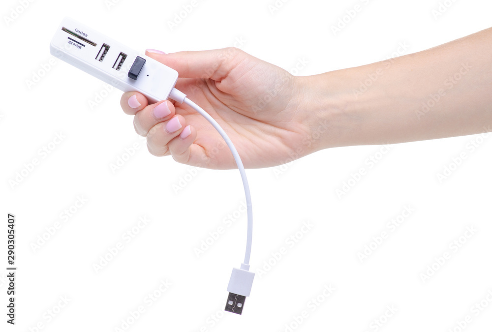 Obraz premium portable usb hub in hand on white background isolation