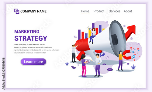 Marketing strategy concept with characters holding giant megaphone. Can use for banner, business analysis, content strategy, mobile app, landing page, web design template. Flat vector illustration