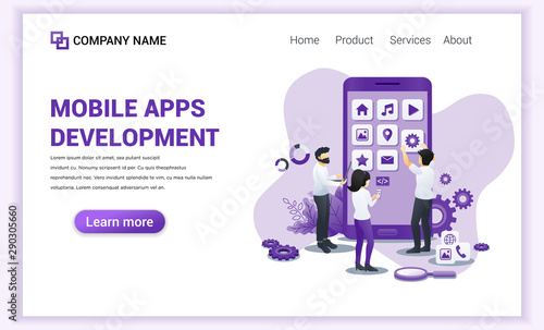 Modern Flat design concept of Mobile app development with characters building and create app as developer. Can use for banner, business, mobil app, landing page, web design. Flat vector illustration