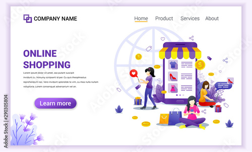 Online shopping concept with giant mobile displaying store products and woman characters. Can use for mobile app template, landing page, web design, banner, advertising. Flat vector illustration