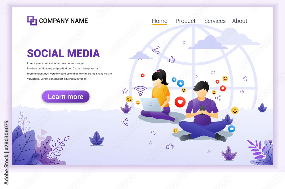 Social media concept with young man and young girl sitting using mobile phone and laptop. Can use for mobile app template, landing page, web design, banner, advertising. Flat vector illustration Social media concept with young man and young girl sitting using mobile phone and laptop. Can use for mobile app template, landing page, web design, banner, advertising. Flat vector illustration