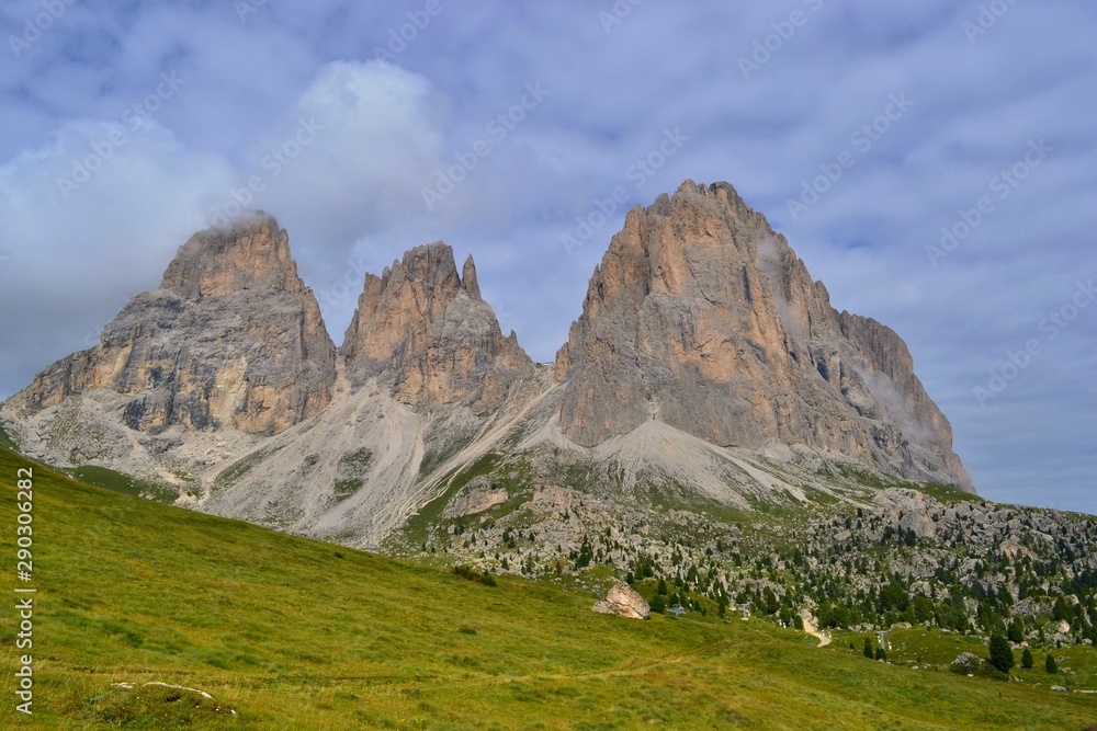 The impressive Langkofel - Sassolungo peaks, Dolomites, Italy. Beautiful place for climbing, hiking, via ferrata. 
