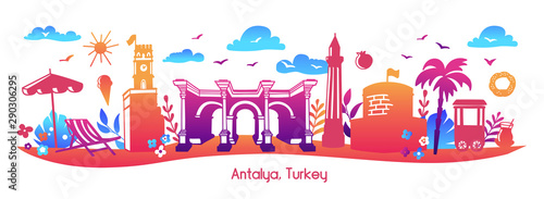 Bright modern vector illustration Antalya  Turkey.  Horizontal panoramic scene of famous turkish symbols and landmarks. Travel card  poster  print design in flat style with colorful gradient. 