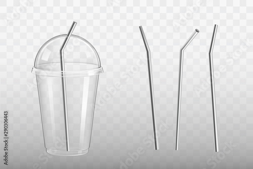 Stainless steel drinking straw in plastic glass with dome lid mockup. Eco-friendly, reusable bar, kitchen utensil for cocktails and beverages 3d realistic vector set isolated on transparent background