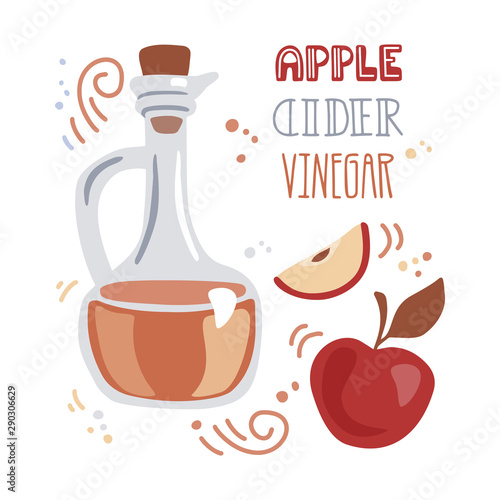 Apple cider vinegar. Glass pitcher with the fermented vinegar, fresh fruits and hand lettering. Elements in modern flat style isolated on white background. Healthy eating, cooking, culinary theme.