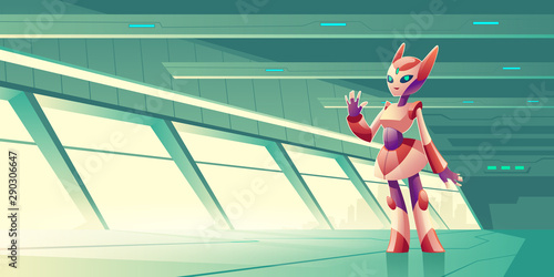 Female alien robot, artificial intelligence robotic servant, computer game anthropomorphous cyborg cat character, standing in future futuristic world skyscraper terrace cartoon vector illustration