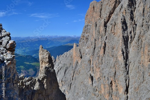 Sassolungo - Langkofel rock massif in the foreground Alps in the background. Dolomites, Italy