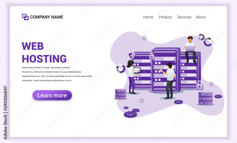 Modern flat design concept of Web Hosting services, database storage, data center with characters. Can use for banner, mobile app, landing page, web design template. Flat vector illustration