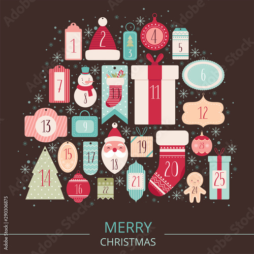 Composition of festive labels and tags for Christmas Advent calendar