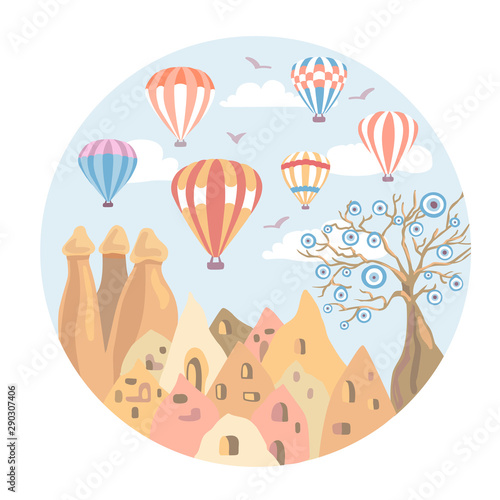 Cappadocia, Turkey. Modern flat vector illustration with a famous turkish landmark. The fairy chimneys, rocks, stones, the Evil tree, bright colorful hot air ballons in the sky. Travel conception. 