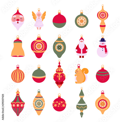 Set of Christmas retro toys for decorating the Christmas tree. New Year's elements