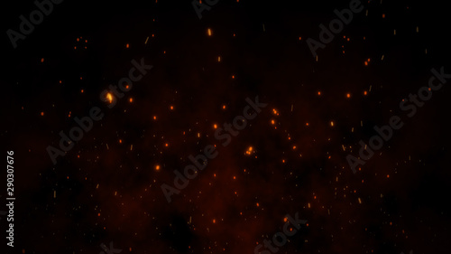 3D Burning embers glowing. Fire Glowing Particles on Black Background photo
