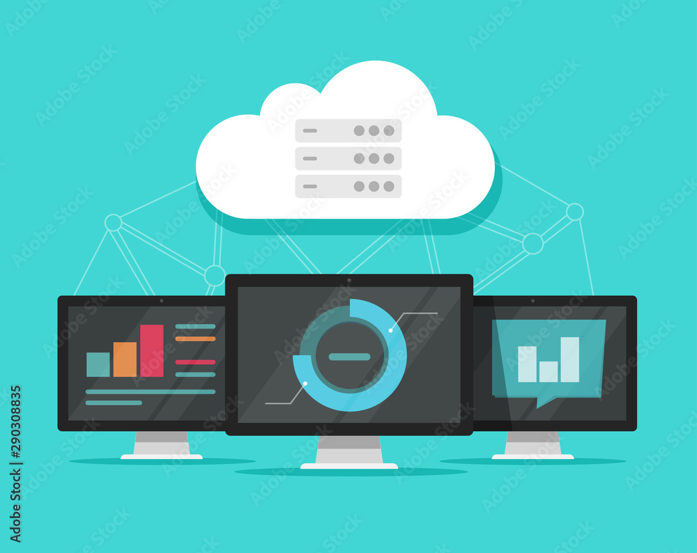 Cloud computing technology vector illustration, flat cartoon computers connected to cloud servers networks, concept of big data tech, internet storage or hosting datacenter image Cloud computing technology vector illustration, flat cartoon computers connected to cloud servers networks, concept of big data tech, internet storage or hosting datacenter image