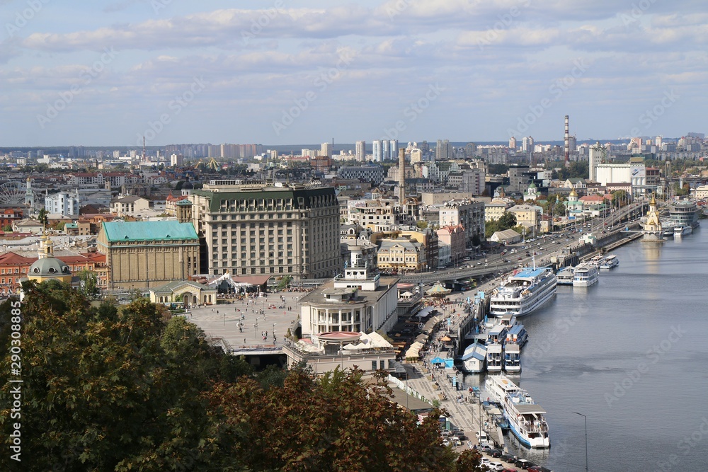 kyiv, kiev. ukraine, podol, city, panorama, view, cityscape, architecture, urban, building, skyline, landscape, sky, panoramic, town, europe, dnieper, river, street, old, 