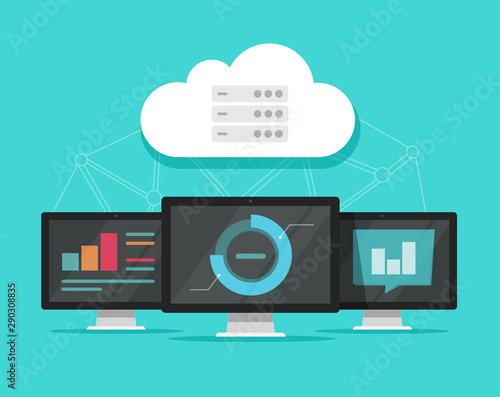 Cloud computing technology vector illustration, flat cartoon computers connected to cloud servers networks, concept of big data tech, internet storage or hosting datacenter image