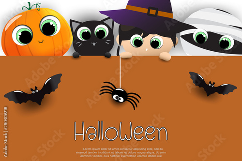 Halloween sale banners or party invitation background. Vector illustration of Halloween cute cartoon caracters for greeting card.