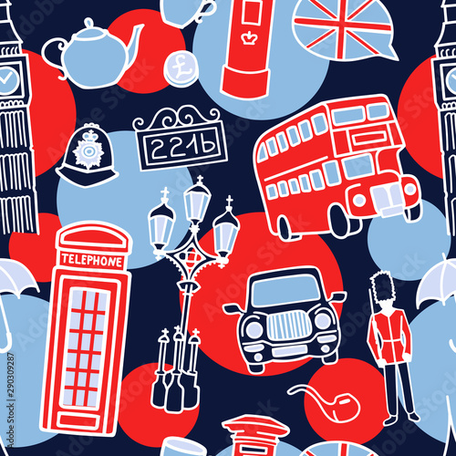 Vector seamless pattern with famous London symbols. Hand drawn doodle elements in white, red and dark blue colors on dots and circles. Travel to the UK concept for background or print design.