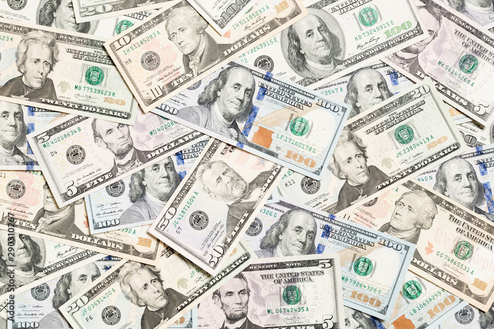 Top view of various dollar cash background. Different banknotes concept. Wealth and rich concept Top view of various dollar cash background. Different banknotes concept. Wealth and rich concept