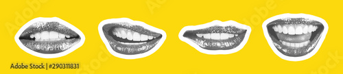 ollage of contemporary art in the style of a magazine with a set of female emotional lips. Closeup mouth girl expressing various emotions. Black and white tones colorful yellow background photo