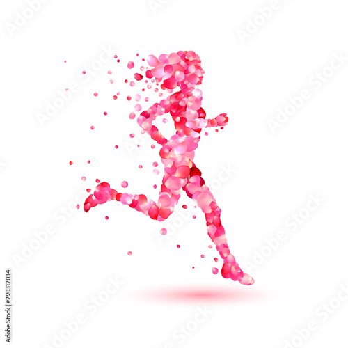 Silhouette of a running girl of rose petals. Female race emblem