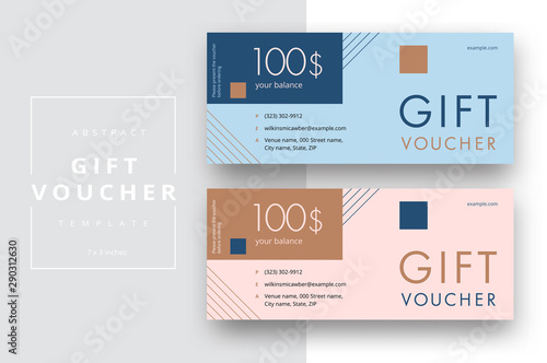 Abstract gift voucher card template. Modern discount coupon or certificate layout with geometric shape pattern. Vector fashion bright background design with information sample text.