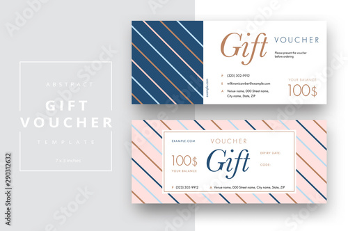 Abstract gift voucher card template. Modern discount coupon or certificate layout with geometric shape pattern. Vector fashion bright background design with information sample text.