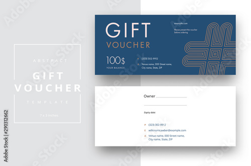 Abstract gift voucher card template. Modern discount coupon or certificate layout with geometric shape pattern. Vector fashion bright background design with information sample text.