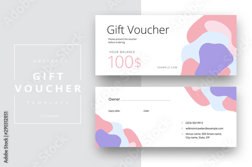 Abstract gift voucher card template. Modern discount coupon or certificate layout with geometric shape pattern. Vector fashion bright background design with information sample text.