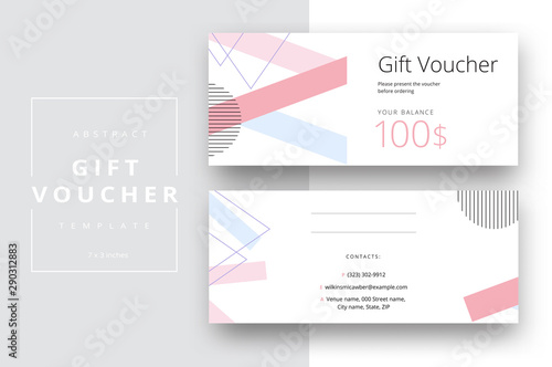 Abstract gift voucher card template. Modern discount coupon or certificate layout with geometric shape pattern. Vector fashion bright background design with information sample text.