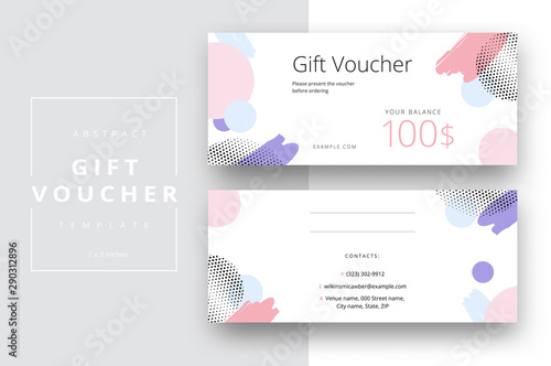 Abstract gift voucher card template. Modern discount coupon or certificate layout with geometric shape pattern. Vector fashion bright background design with information sample text.