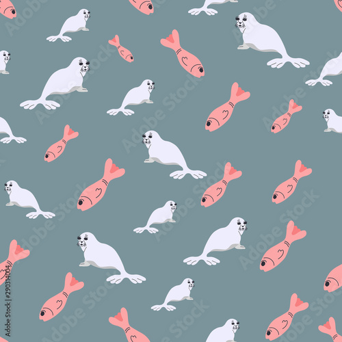 Seamless pattern with seal pups and fish. Vector illustration of sitting seal animal in a flat style. Design element for textile print, wallpaper, wrapping paper, web background.
